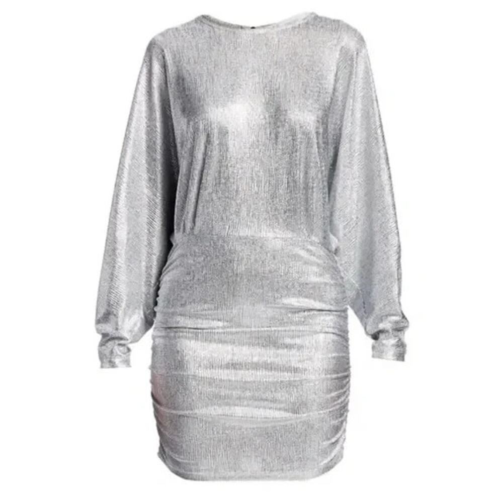 IRO Silar Mini Dress Metallic Silver Blouson Dolman Sleeve Ruching Round 40 8